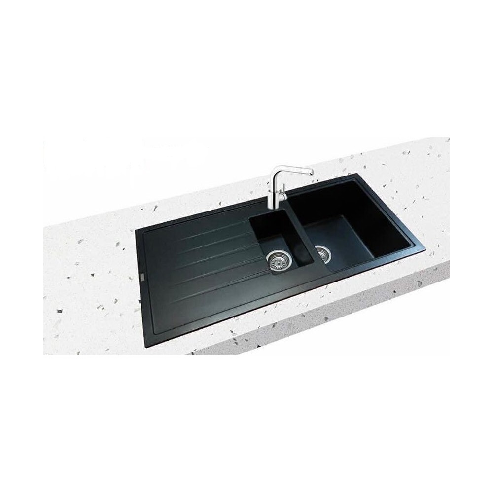 EVIER GRANIT 1.5 BACS AVEC EGOUTTOIR NOIR